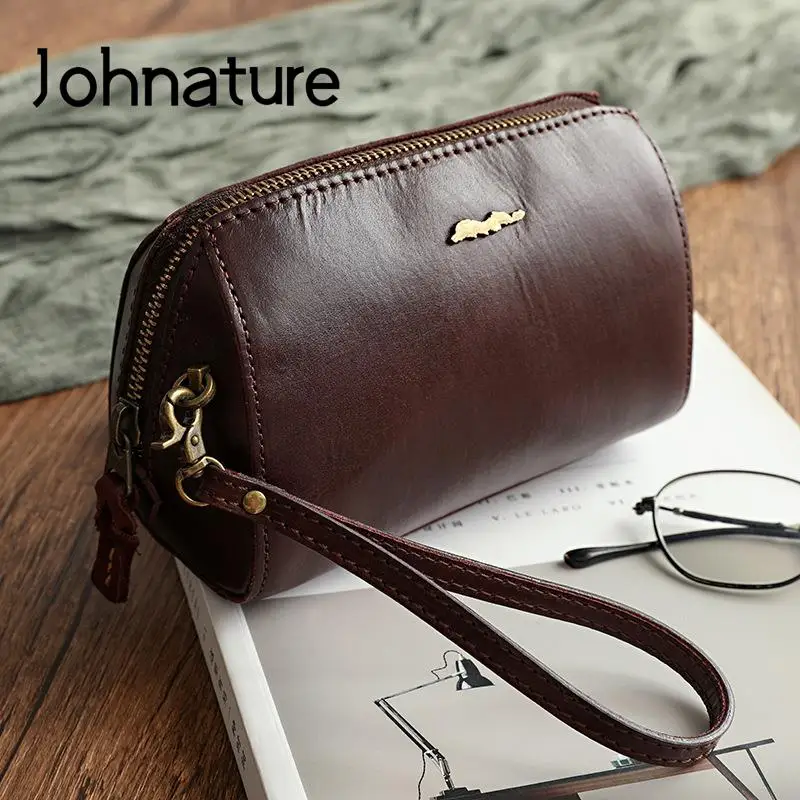 Johnature Simple Genuine Leather Women Small Bag Natural Cowhide Clutch Bag Versatile Solid Color Shoulder & Crossbody Bags