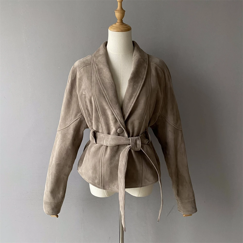 Jaxmonoy Vrouwen Schapenvacht Leren Jas Dame Echt Suède Jas Mode Blazer Jassen met Riem 2025, Herfst Winter Nieuwe Stijl
