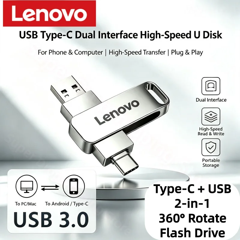 Pen Drive OTG Portátil Lenovo de Alta Velocidade USB Tipo-C com Interface Dupla 128GB 256GB 512GB para Transferência Rápida de Dados e Armazenamento de Arquivos em Celulares
