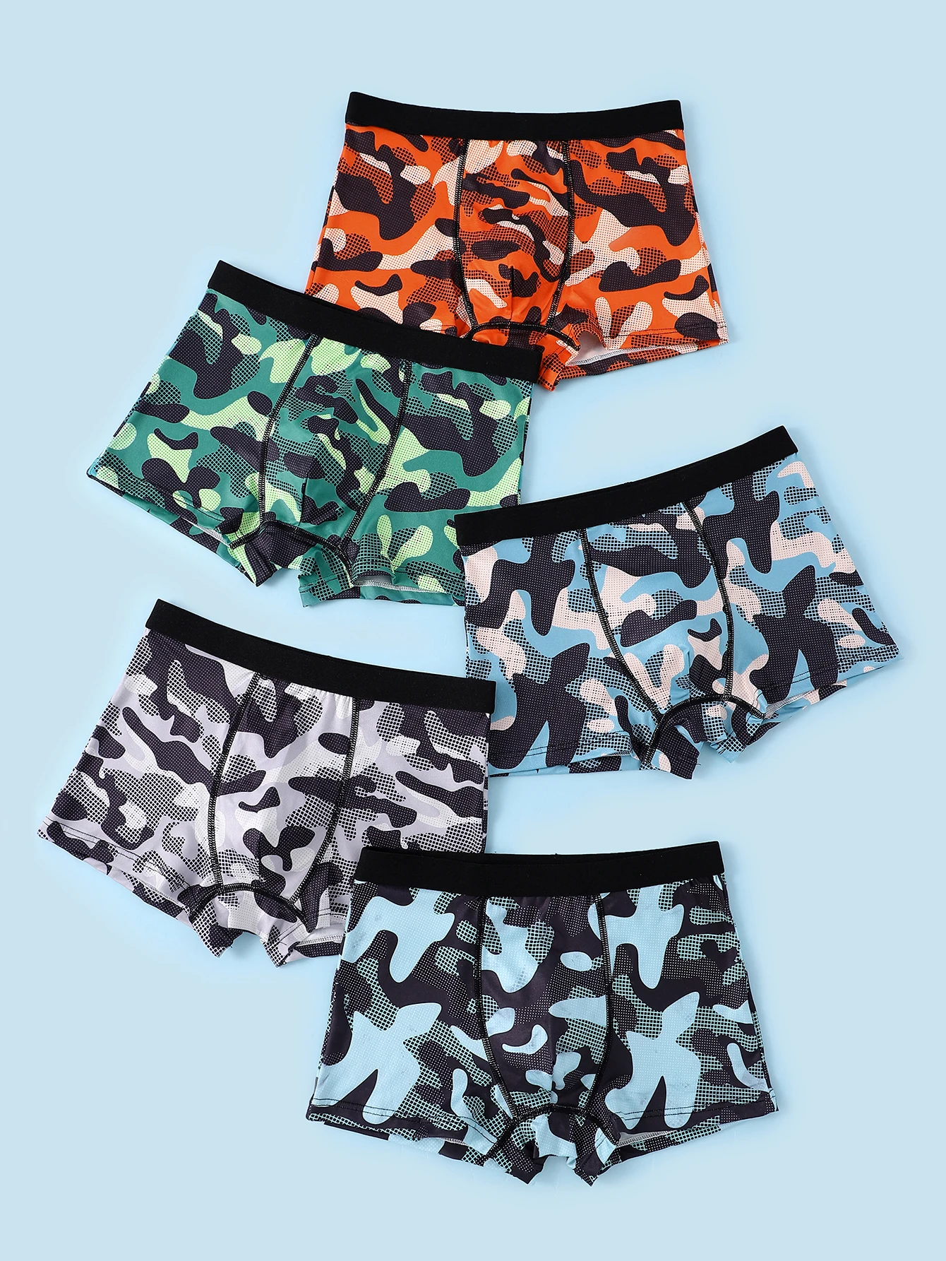 5-Pack Boys' Camouflage Print Boxer Briefs - Soft Elastic Waistband, Suitable for Children Aged 8-12, Breathable and Comfortable for All Seasons, Various Camouflage Patterns, Everyday Sports Style, Medium Elasticity Fabric