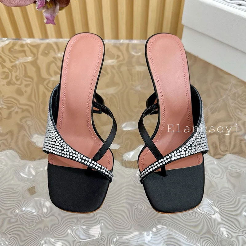 Summer Genuine Leather Flip Flops Thin Heel Slippers Women's Shiny Crystal Decoration Fashionable Sandals Party Dresses Shoes