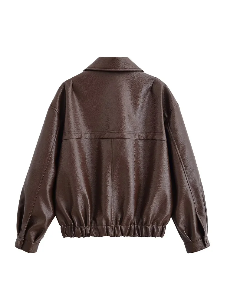 Casaco Feminino de Moda com Zíper em Couro Sintético, Mangas Longas, Gola Reversível, Casaco Sólido Casual Versátil com Bolsos para a Primavera