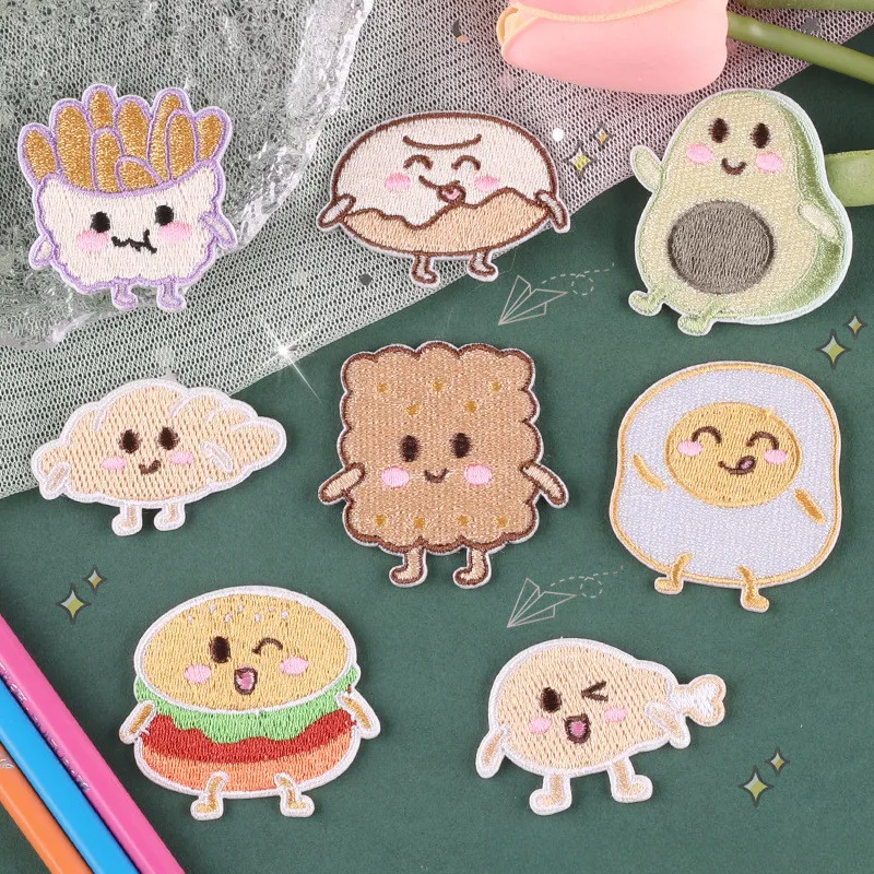Stick On-French Fries Burger Self-adhesive Patches Sticker For Clothing Kids Applique On Jeans Repair Hole Embroidery DIY Sewing