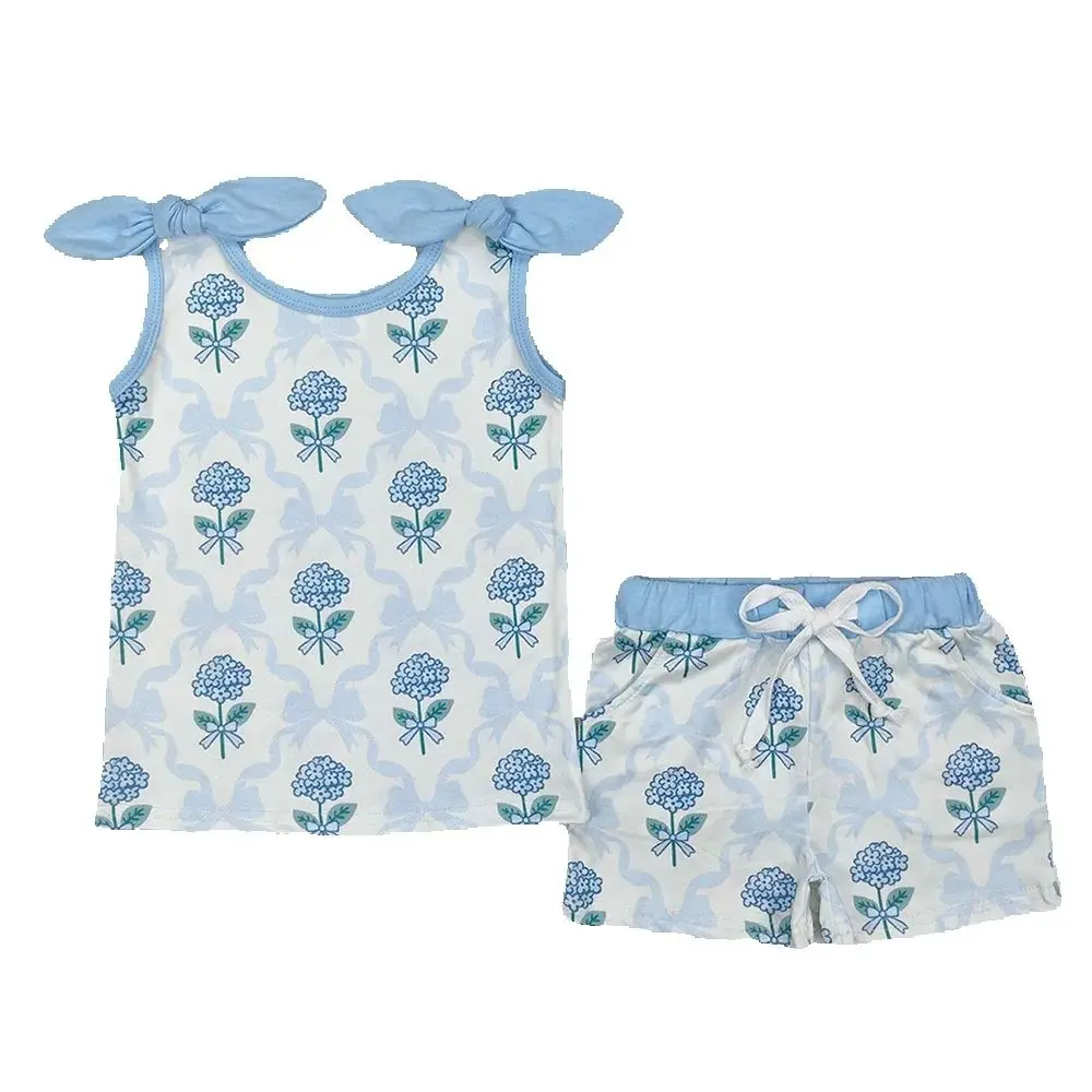 

GSSO2079 Baby Girls Blue Flowers Bows Top Shorts Clothes Sets