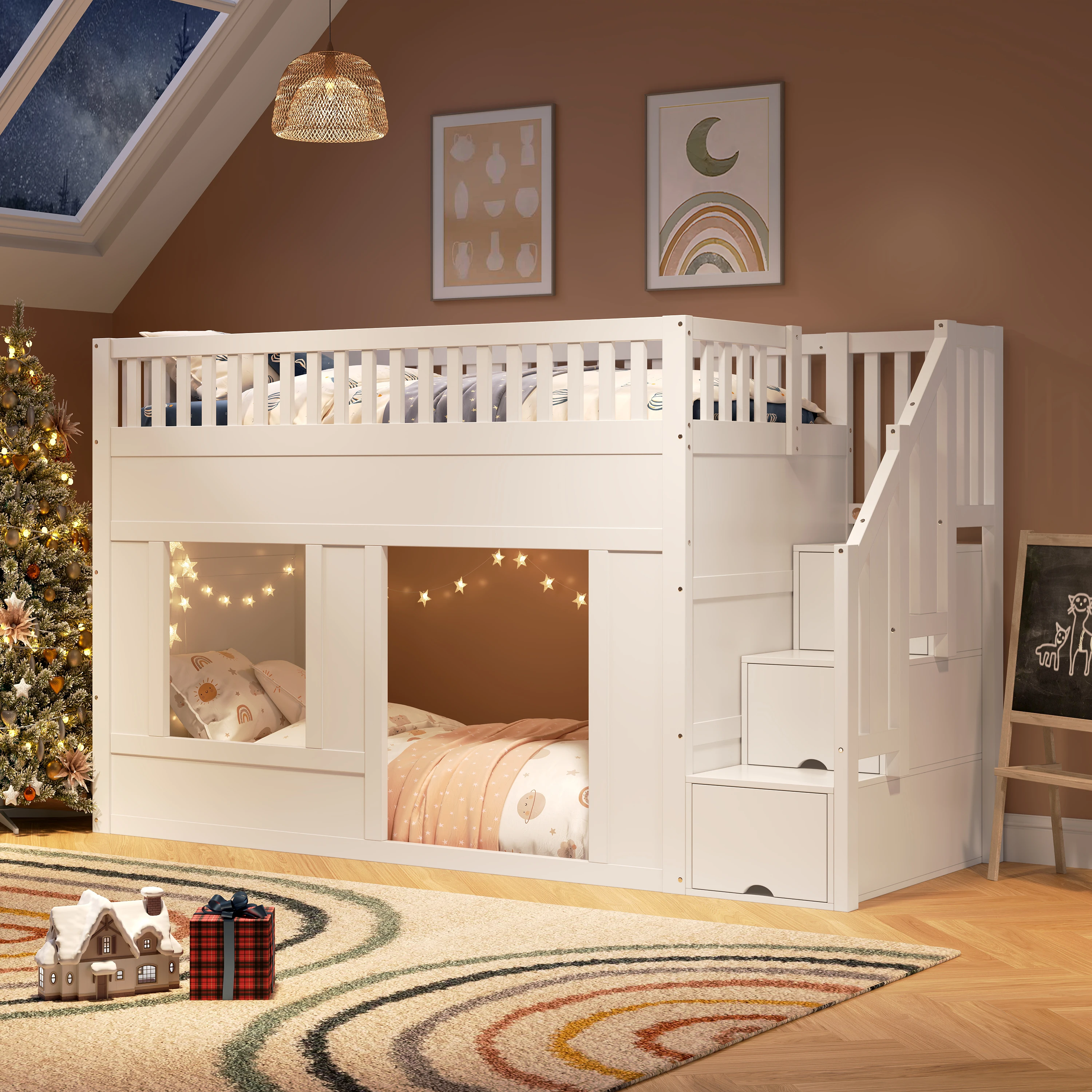 KOMHTOM multifunktionales Kinder Etagenbett Hochbett 90x200cm mit Treppenschrank und umbaubarem Spielraum darunter ohne Matratze
