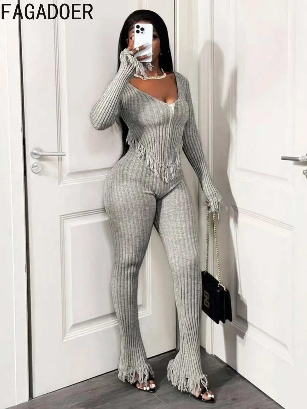 FAGADOER Y2k Sexy Knit Tassel Patchwork Woman 2 Piece Set Outfit Solid Color Long Sleeve Top + Pants Matching Female Streetwear