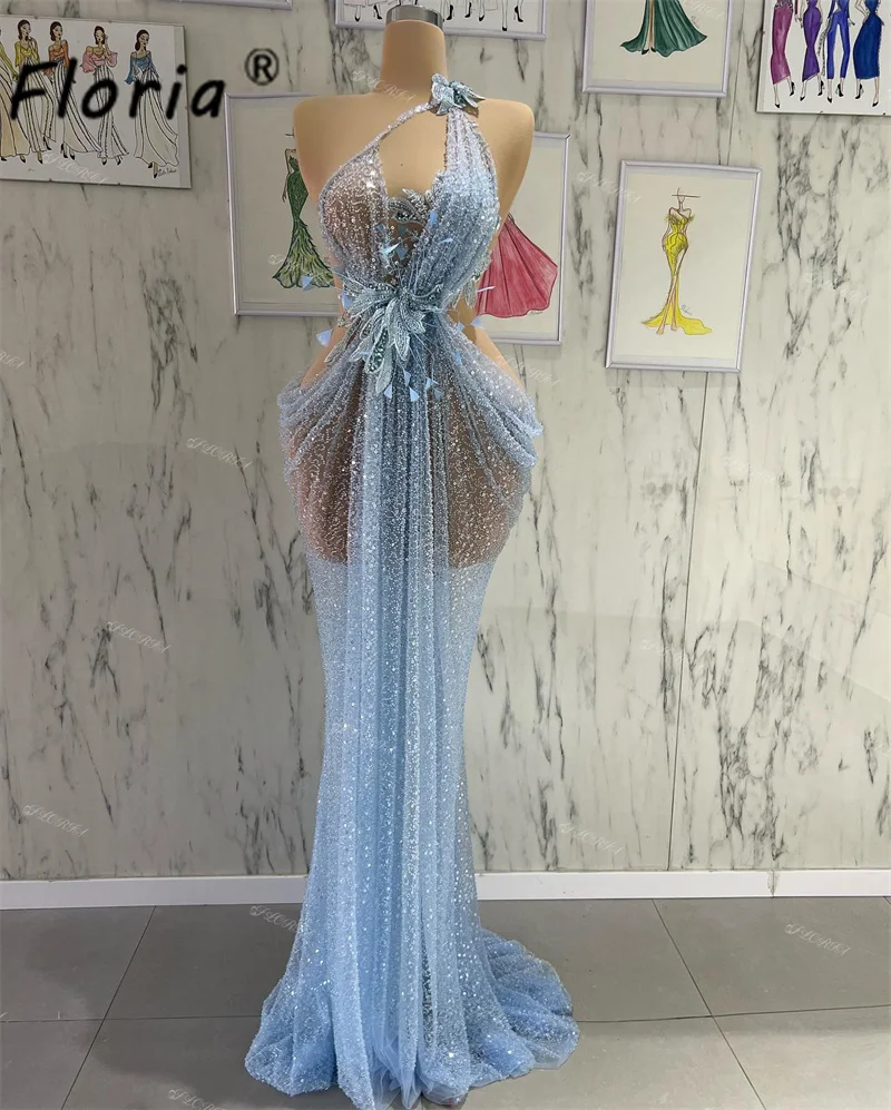 Vestidos de fiesta de sirena azul celeste sexys, transparentes, con lentejuelas y plumas, vestido de cóctel, ropa de noche para fiesta de cumpleaños, vestido de novia 2026