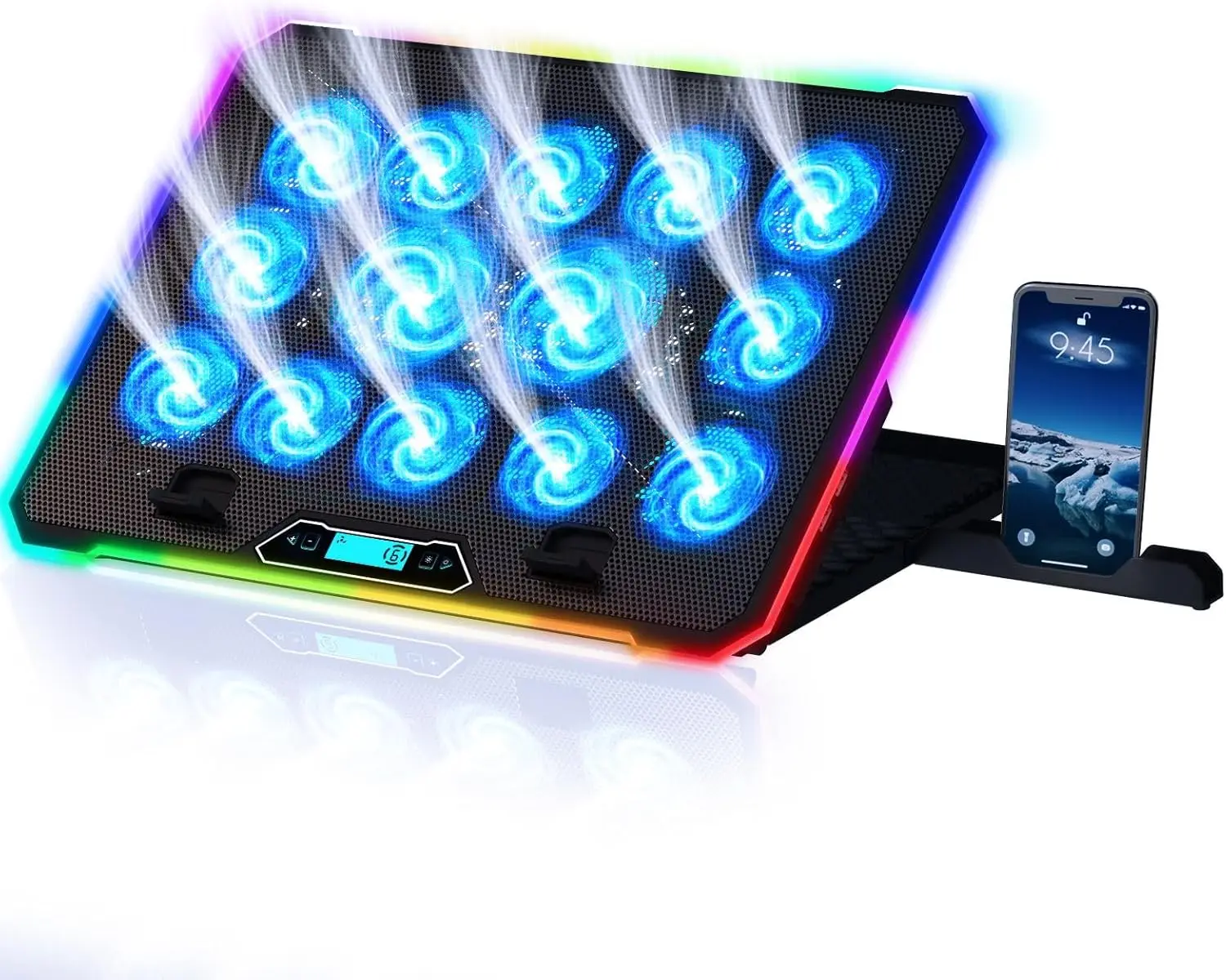 

14-Fan Gaming Laptop Cooling Pad with RGB Stand, USB Ports, Phone Holder for Up to 17-Inch Laptops