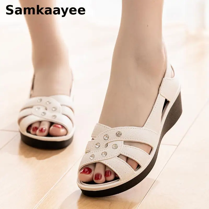 

36-40 Women Sandals Summer Wedges Shoes Female Hollow Out Crystal Zapatos Thick Bottom Antislip Slip-on Beach Casual Footwear y1