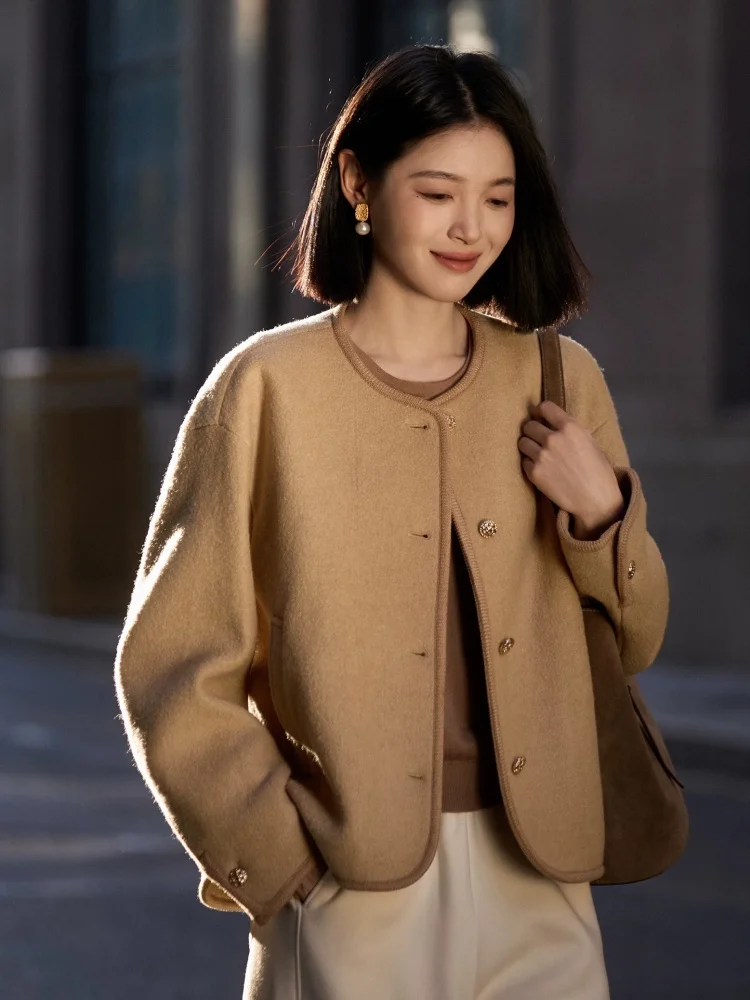 Birdtree, 86.6% Sheep Wool Short Coat, O-neck Full Sleeve Tops, Single Breasted Jacket, Women Knitted Cadigan, 2026 New T69609JF