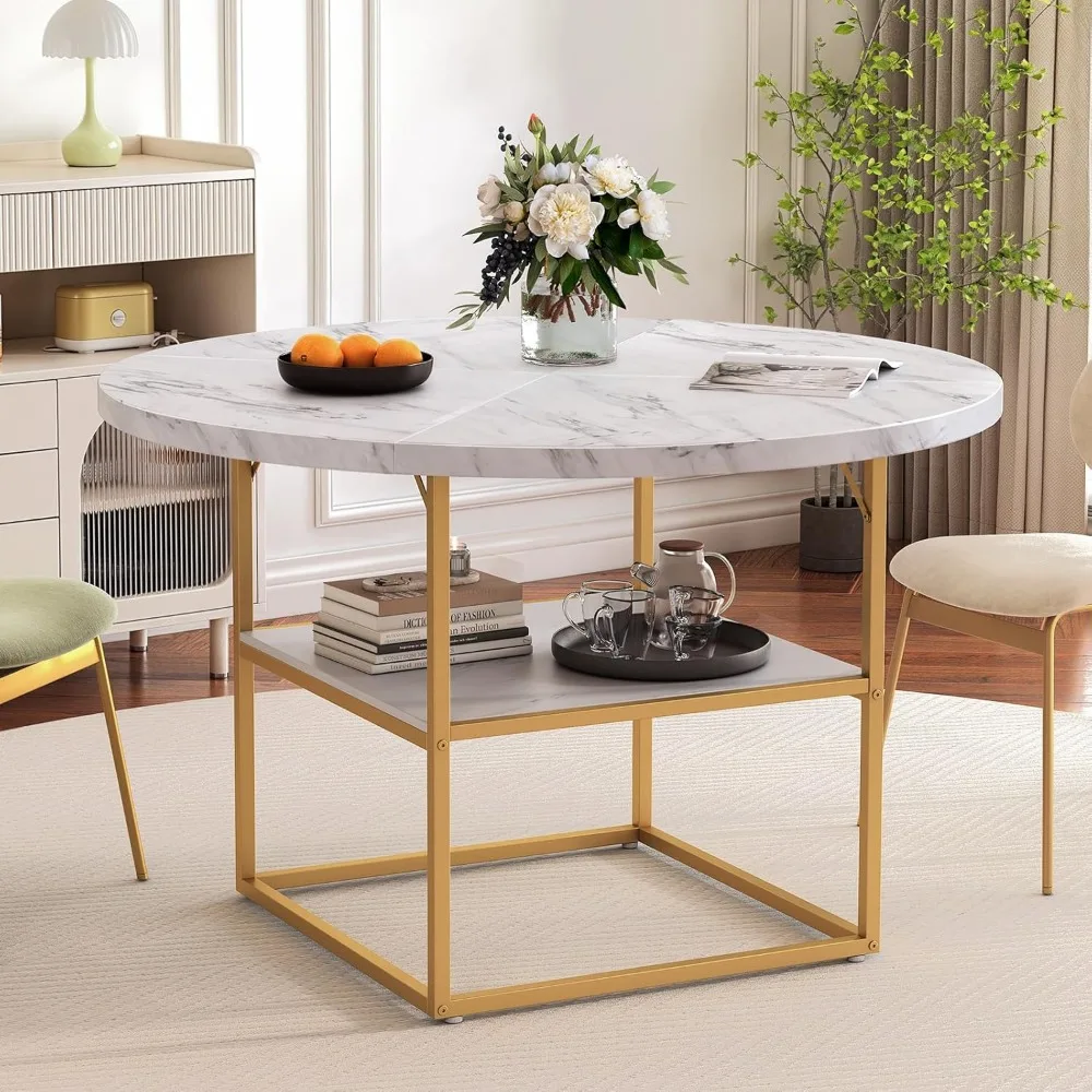 47.24 Inch Round Dining Table for 4-6 People, Circle Modern with Storage Shelf, Wooden Faux Marble, for Kitchen & Dining Room