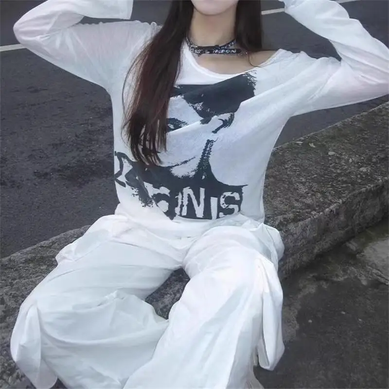 Women Y2K Gothic Grunge Loose T Shirts Off Shoulder Streetwear Fairycore Hip Hop Tops Punk Casual Long Sleeve Top Female Clothes