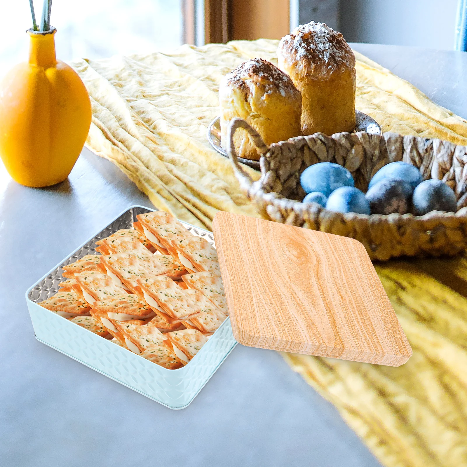 Caja de embalaje para hornear, contenedor de lata de Metal para galletas, almacenamiento de dulces, tapa de madera, tarro para aperitivos, Idea de regalo de vacaciones, galleta Rectangular