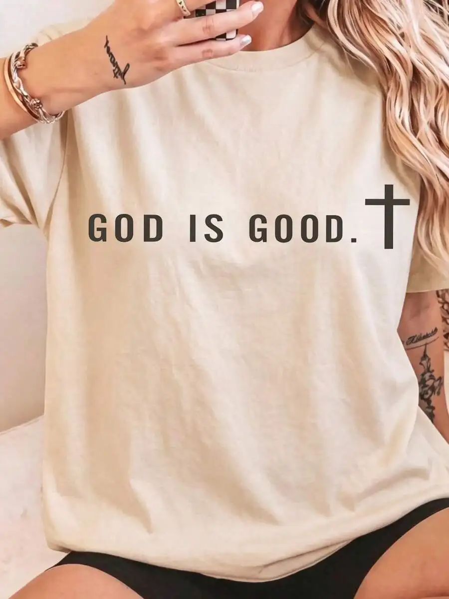2026 New Fashion Women Crew Neck Printed T-Shirt God Is Good Theme Print Soft Breathable Comfort Vintage Stylish Casual Tops Basic Top T-Shirt