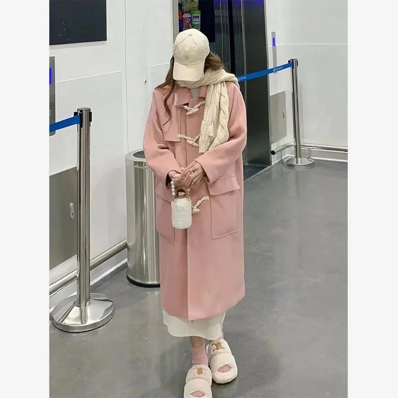 Pink Horn Button Tweed Jacket Women Winter New Japanese Loose Thickened Mid Length Wool Coat Female Casual Sweet Versatile Coat