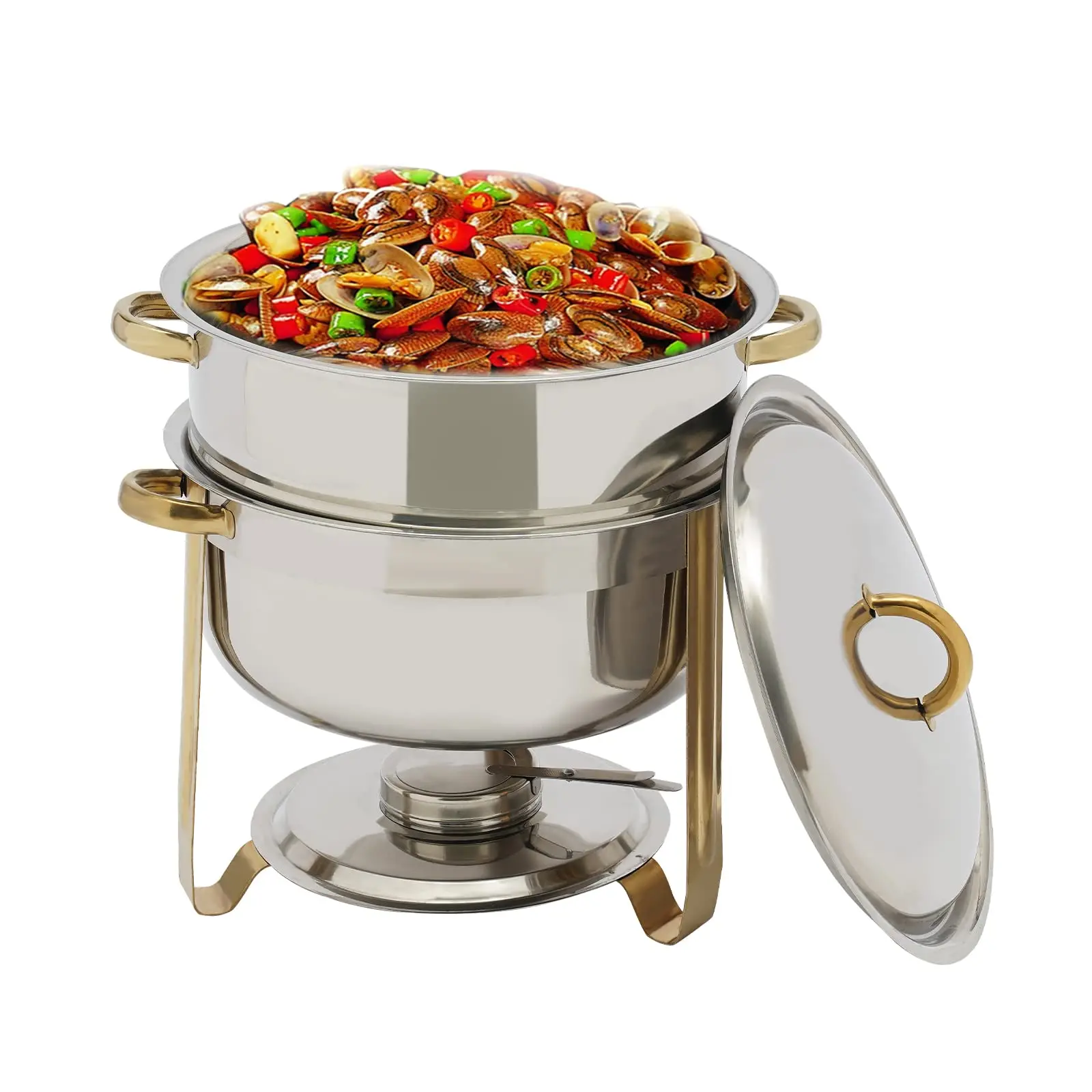 

14.2Qt Round Stainless Steel Warmer Soup Pot Gold Chafing Dish Set Food Warmer Hot Pot for Celebrations Parties Catering Buffets