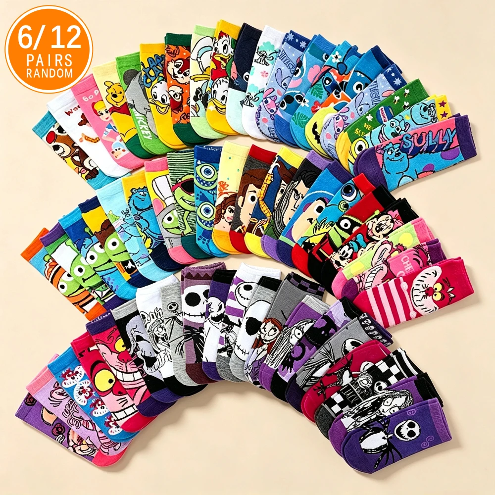 6/12 Pairs Random Mixed Pattern Color Cute Cartoon Printed Women's Round Neck Socks Soft Casual Daily Casual Ankle Socks
