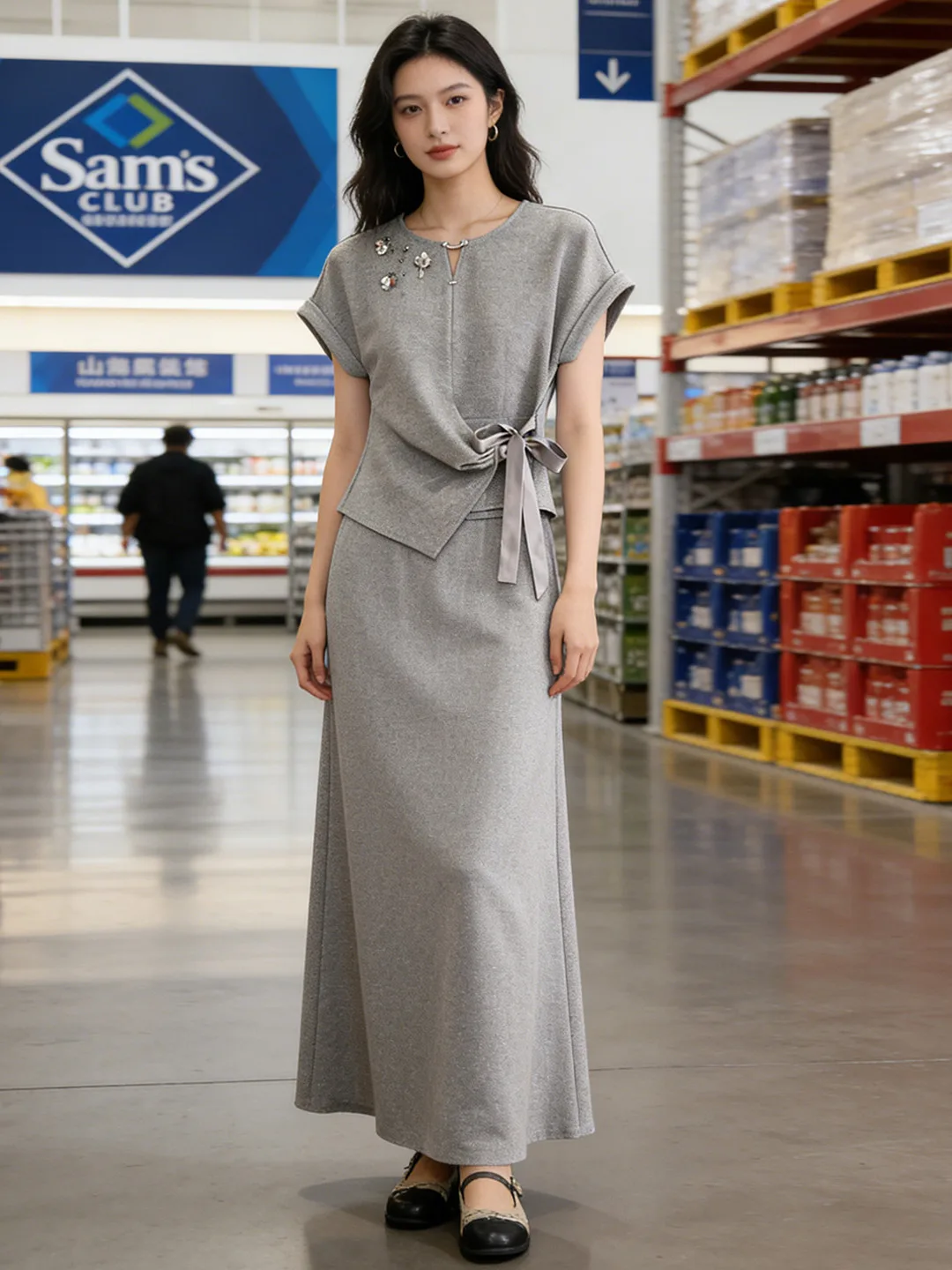 

Elegant Grey Casual Sportswear Set Women's Summer Design Trendy Short Sleeve Top High Waist Skirt Two-Piece Suit