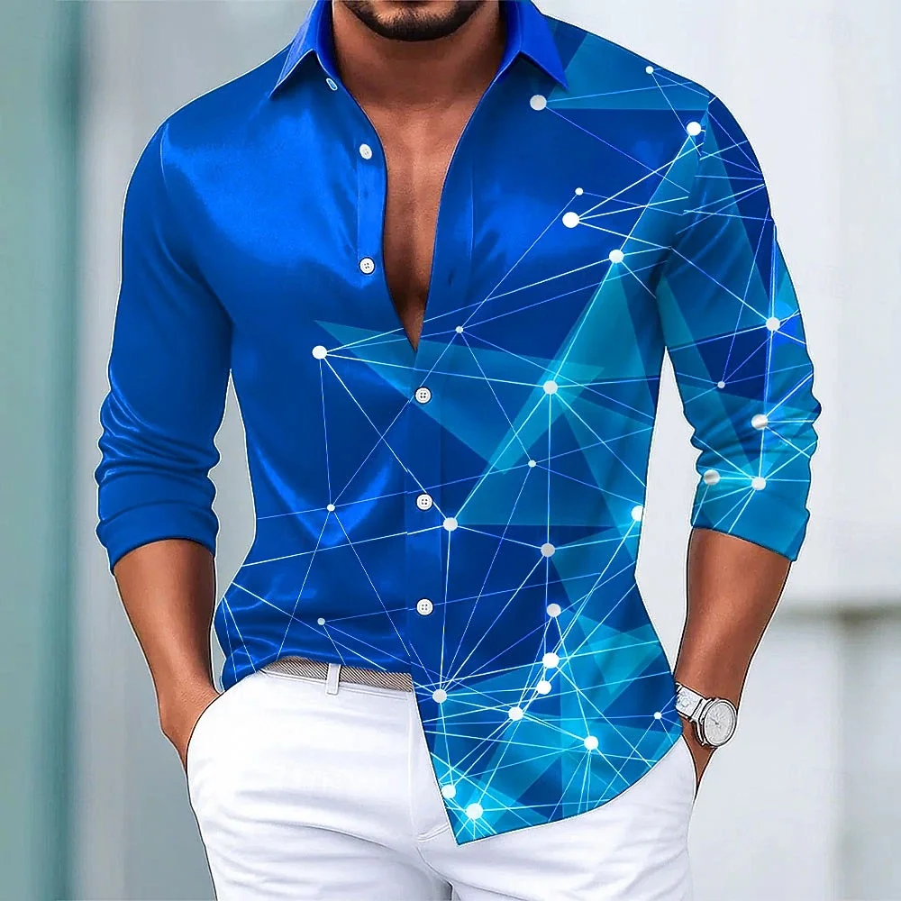 Camisa masculina de manga comprida com estampa geométrica gradiente, lapela de designer elegante com botão para férias de lazer ao ar livre