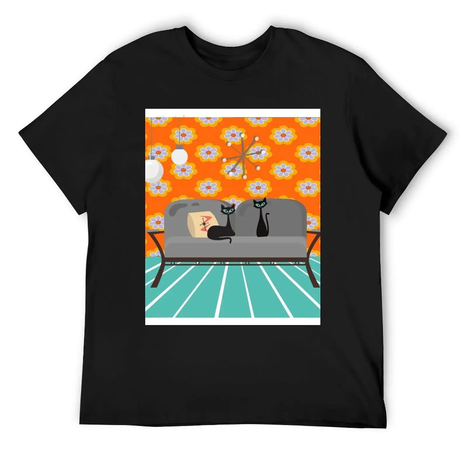 Mid Century Modern Kitties Lounging in a Retro Styled Living Room T-Shirt blue archive mens graphic t-shirts funny