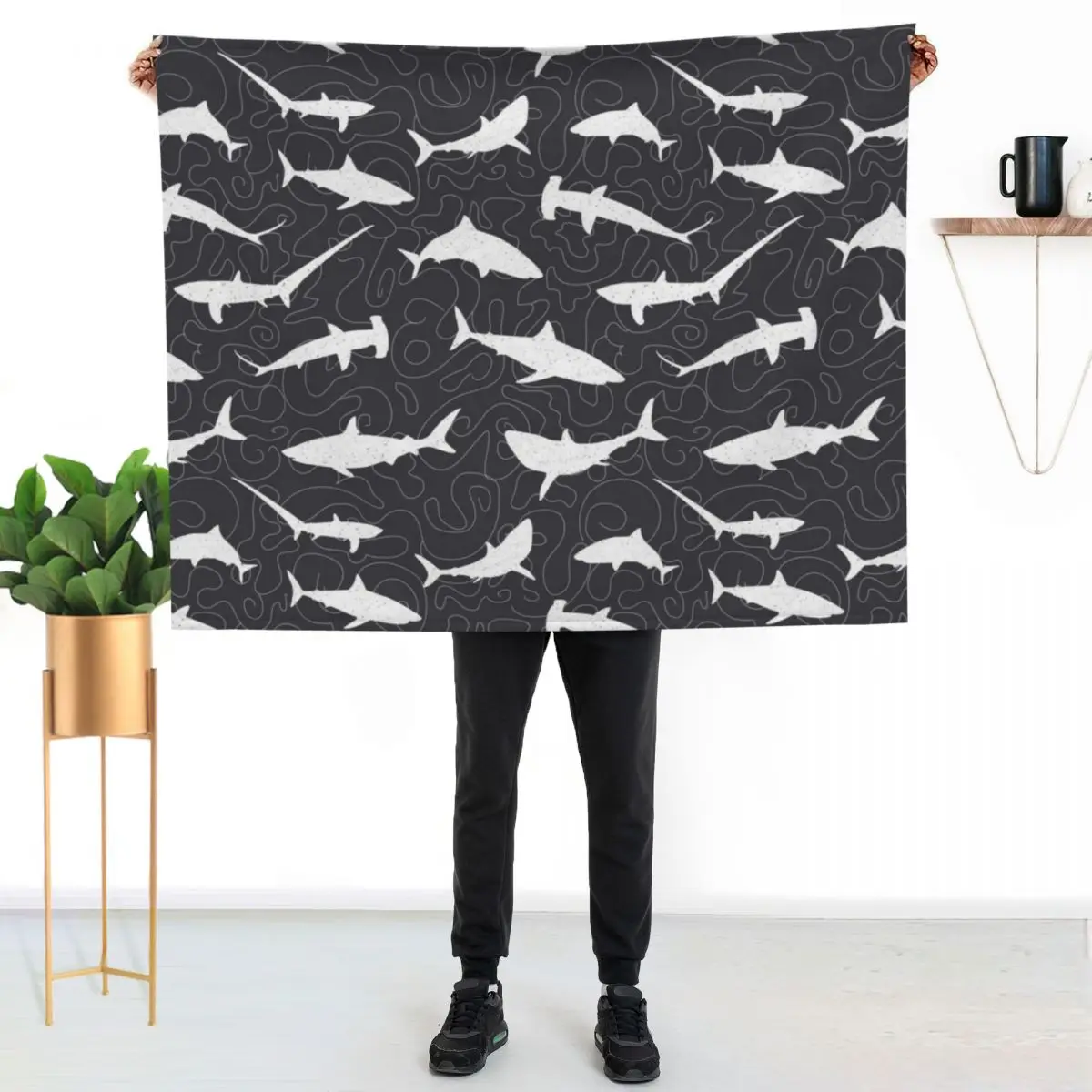 Shark Frenzy Pattern on Charcoal Grey Throw Blanket Decoratives Camping Hairys Sofa Throw Multi-Purpose Sleeping Bag Blankets