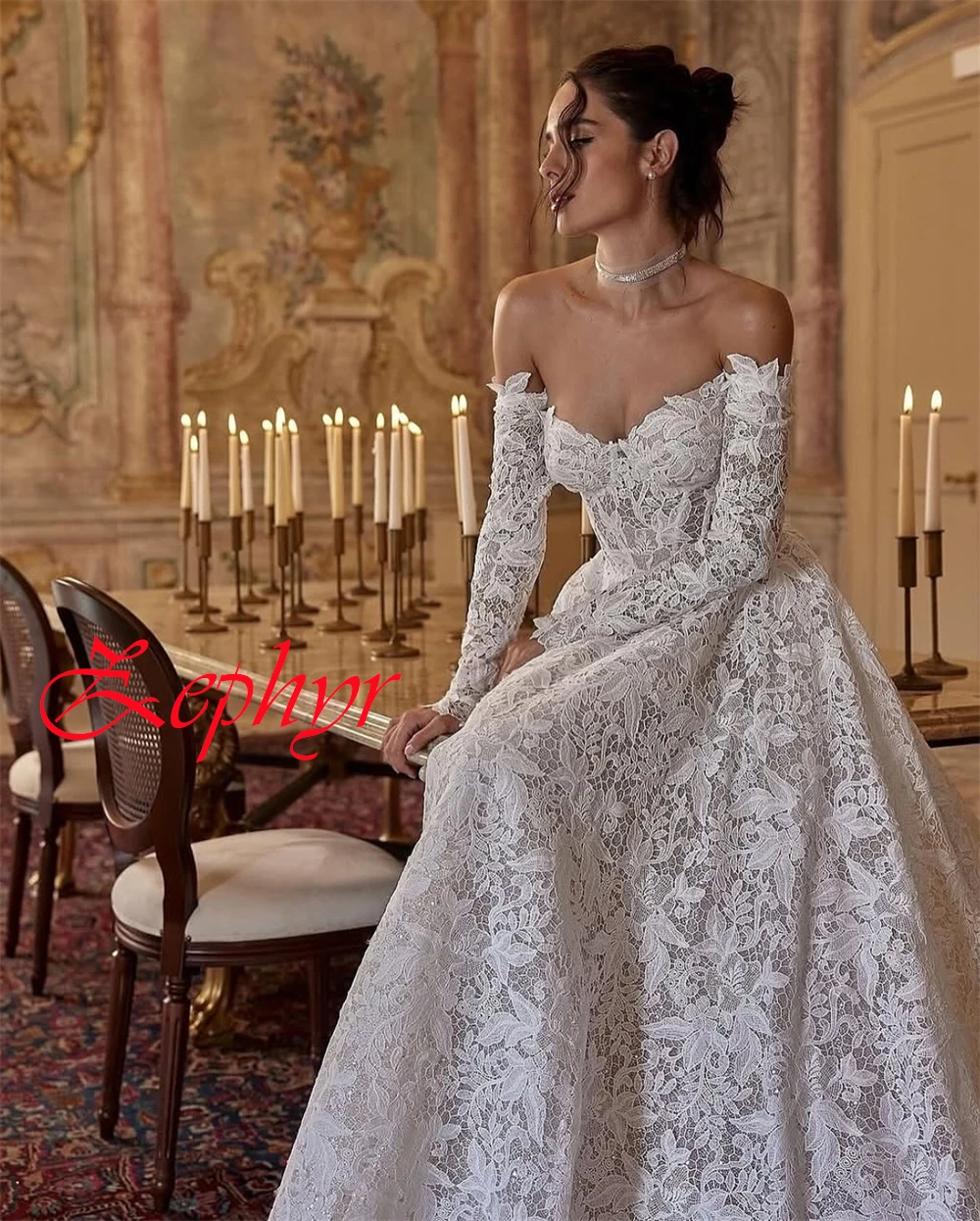 Robe de mariée en dentelle blanche exquise, personnalisée, élégante, sans bretelles, manches longues, traîne chapelle, fermeture éclair au dos