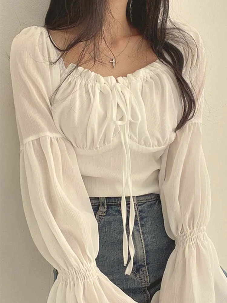 Women Chiffon Blouse Summer Korean Fashion Sweet Chic Shirt Female Elegant Square Collar Lace-up Flare Sleeve Waist Tops Ladies