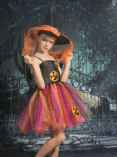 Halloween Children's Clothing New Girls' Witch Cosplay Costume Princess Pomeranian Dress Pumpkin Performance Tutu Dress