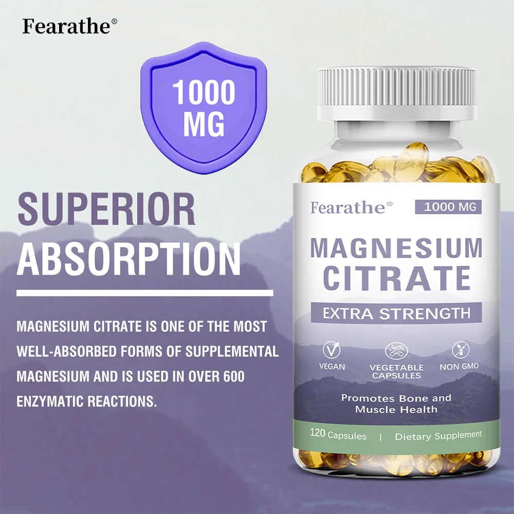Magnesiumcitraat 1000 mg - Dietaire supplement om spierontspanning te bevorderen, het zenuwstelsel, bot en hart te ondersteunen - 120 capsules
