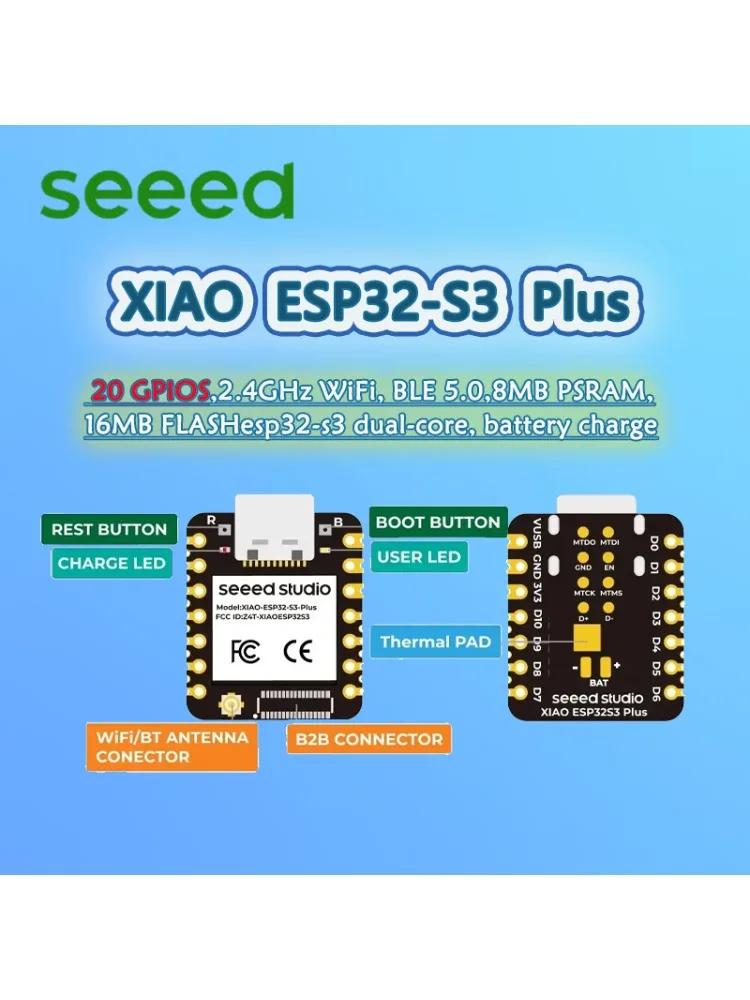 Seeed XIAO ESP32S3 Plus - 20 GPIO, 1/2/3/5/10 szt. WiFi 2.4GHz, BLE 5.0, 8MB PSRAM, 16MB FLASH, ESP32-S3 Dual-core, Ładowanie zasilania bateryjnego — zdjęcie produktu 7