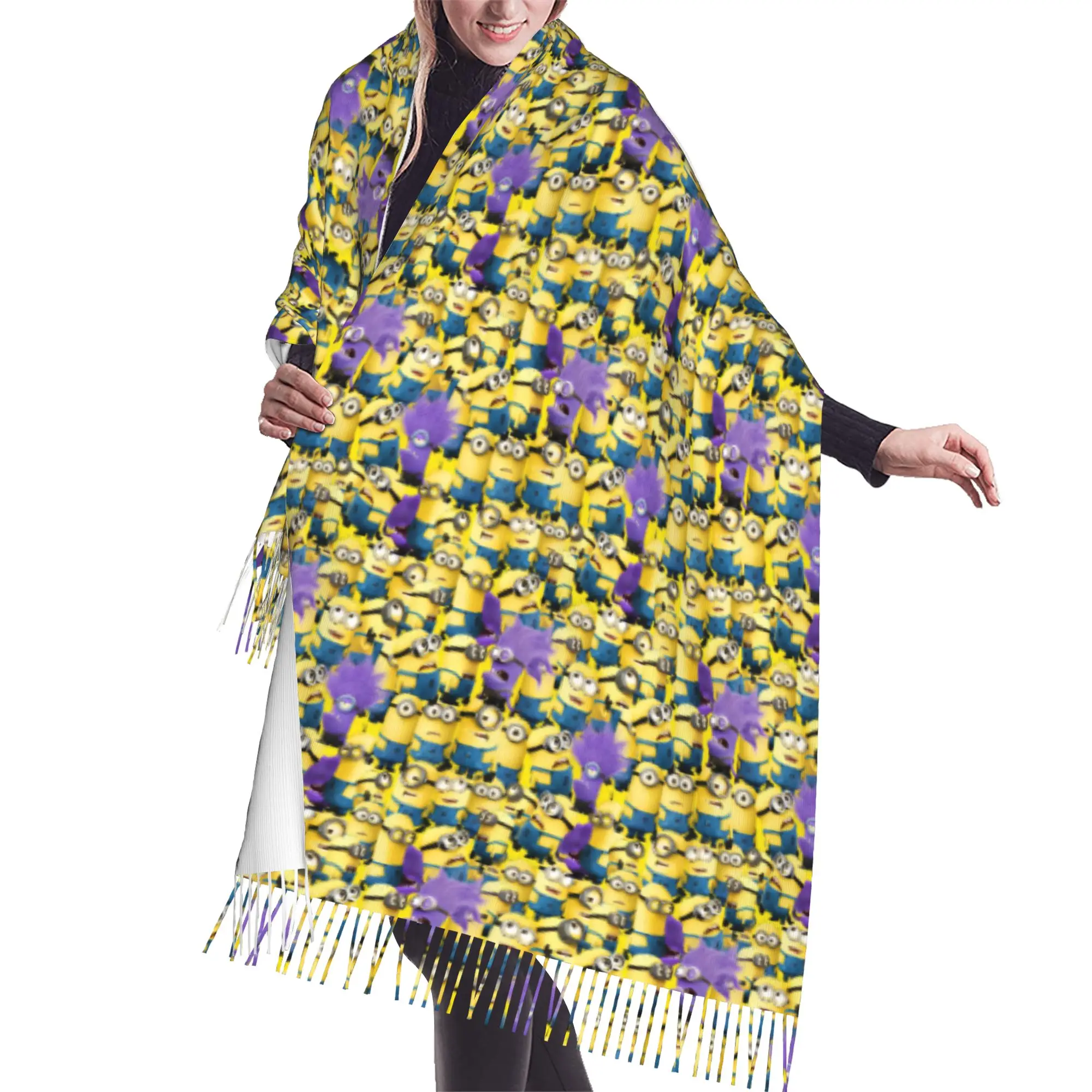 Custom M-Minioned Anime Scarf Wrap for Women Long Winter Fall Warm Tassel Shawl Unisex Manga Cartoon Scarves