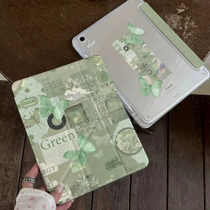Green Butterfly Y-Shape 3 Fold Protective Case for IPad Air 6 Case IPad 10th Air 4/5th 10.9 Pro 11 2nd 3rd 4th IPad 10.2 7/8/9th