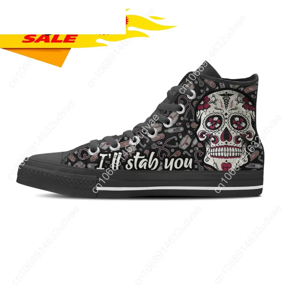 I Will Stab You Nurse Skull EMT Print Black Canvas Shoes Large Size For Men Male Casual Gothic Style Walking Sneaker