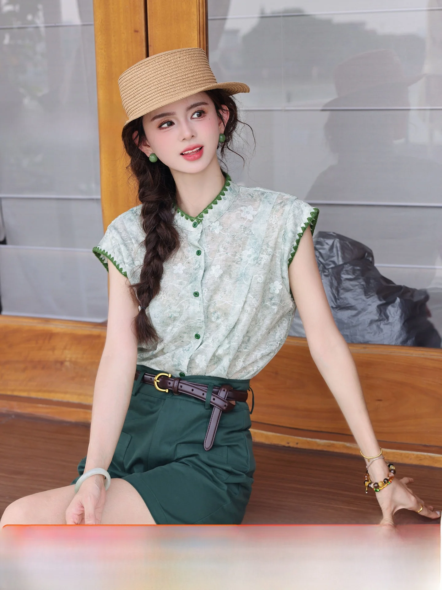 

Женская свободная блузка Chen Jiajie в стиле ретро с пэчворком, с воротником-стойкой, уникальная, красивая, летняя, из смесового полиэстера и хлопка