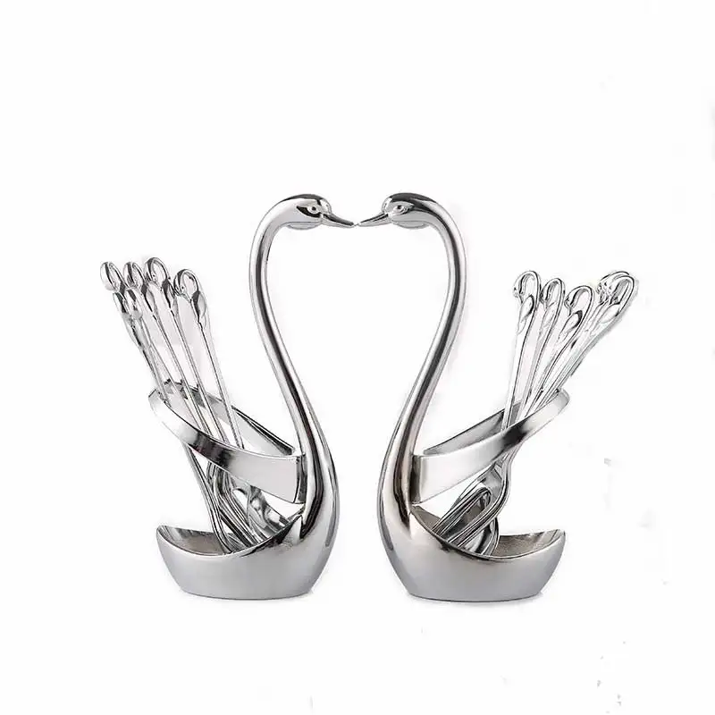 

7 Pcs / Flatware Set Swan Fruit Base Holder Forks Set Zinc Alloy Dessert Forks Coffee Spoon Cake Tableware Flatware Dropshipping