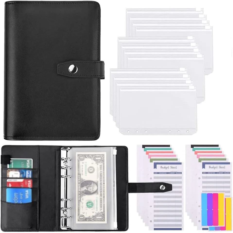 A6 PU Leather Budget Binder Cash Envelopes Organizer with 12 Pcs Binder Pockets, Budget Sheets, Sticker Sheets for Money Saving