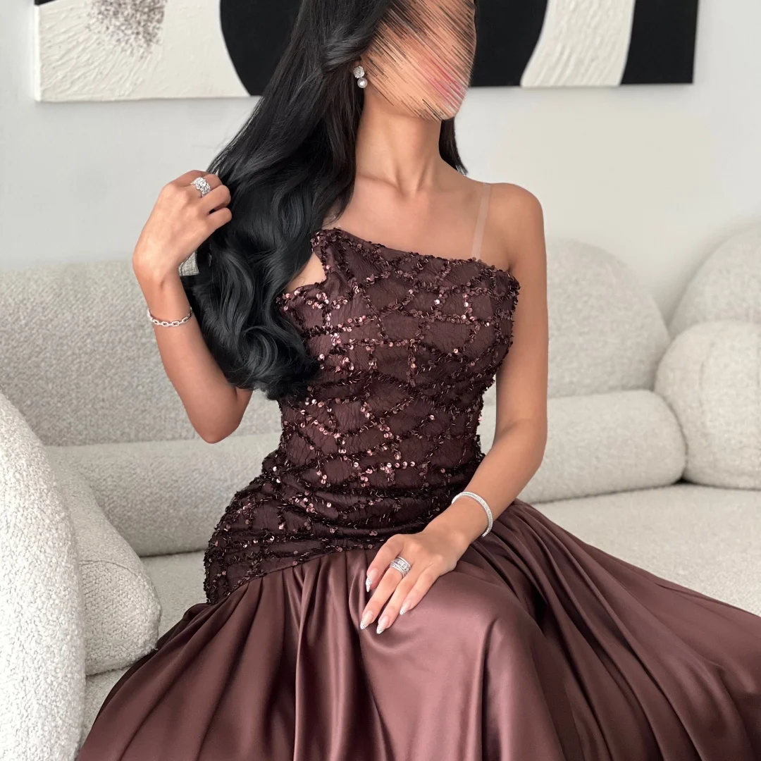 Bella Customized Brown One-Shoulder Prom Dress Beaded Bodice Satin Skirt robes de soirée Elegant Mermaid Gown Party Dresses image 6