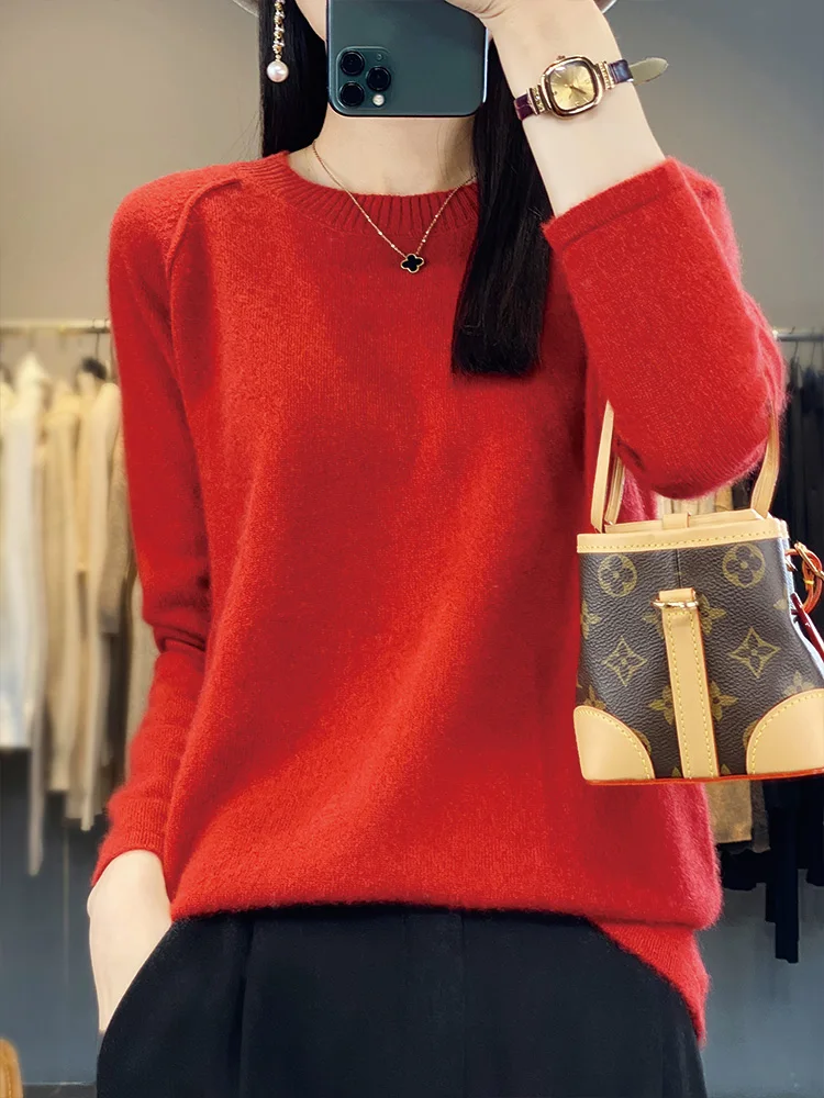 Women Spring Autumn Sweater 100% Merino Wool Pullovers O-neck Long Sleeves Female Casual Cashmere Knitwear Korean Fashion Tops