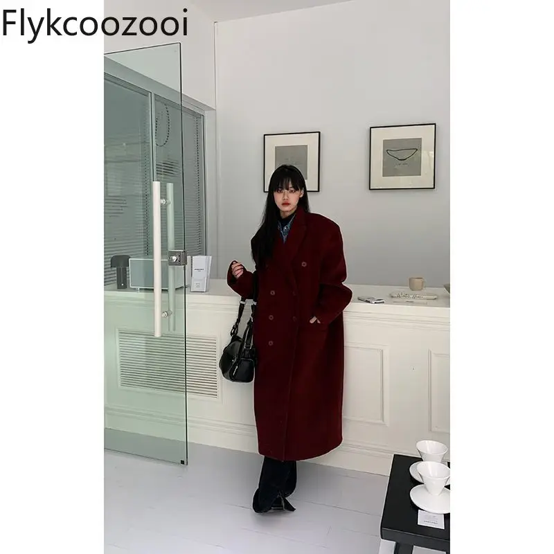 Retro vermelho terno colarinho casaco de lã outono e inverno novo estilo coreano solto e versátil jaquetas de comprimento médio para mulher