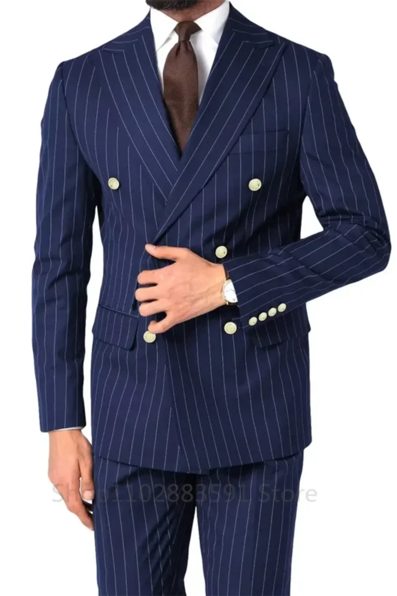 2 Pieces Elegant Men Suits Double Breasted Blazer Striped Business Social Formal Wedding Slim Fit Tailcoat Clothing