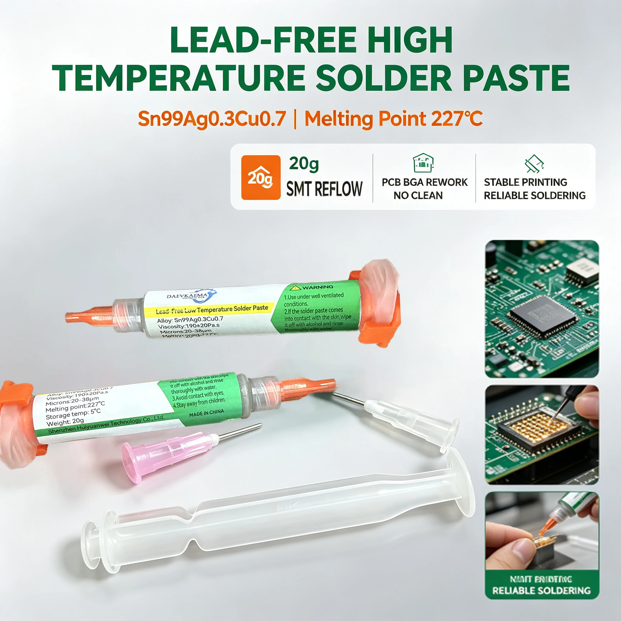 LeadFree High Temperature Solder Paste 20g Sn99Ag0.3Cu0.7 Melting Point 227℃ SMT Reflow Soldering Paste for PCB BGA Chip Rework
