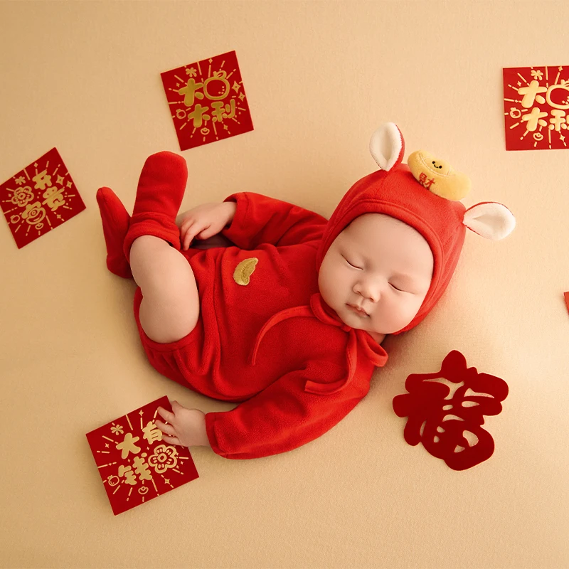 Lunar New Year Theme Photography Props Prosperity Poney Plush Dolls Baby Boys Girls Jumpsuit Photography Outfit Baby Shower Gift
