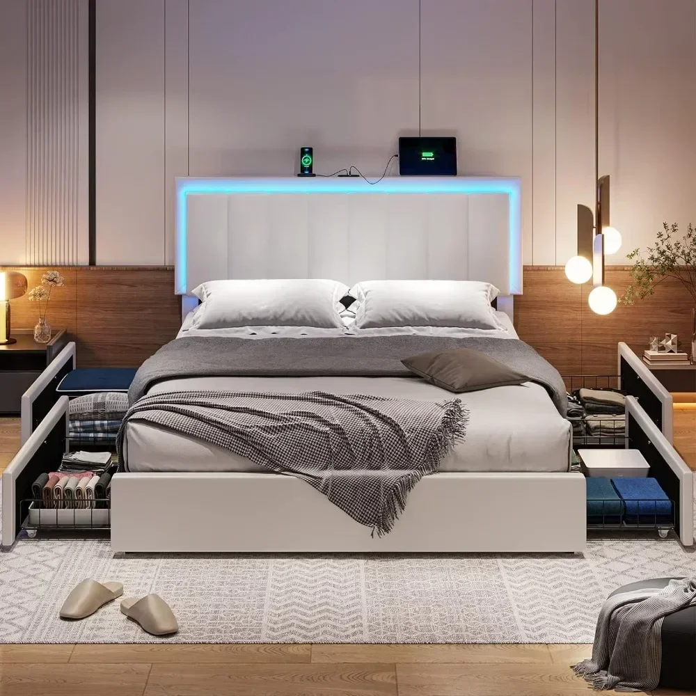 

For LED Queen Size Bed Frame with 4 Storage Drawers& Charging Station, Leather Upholstered Bed with Adjustable Headboard