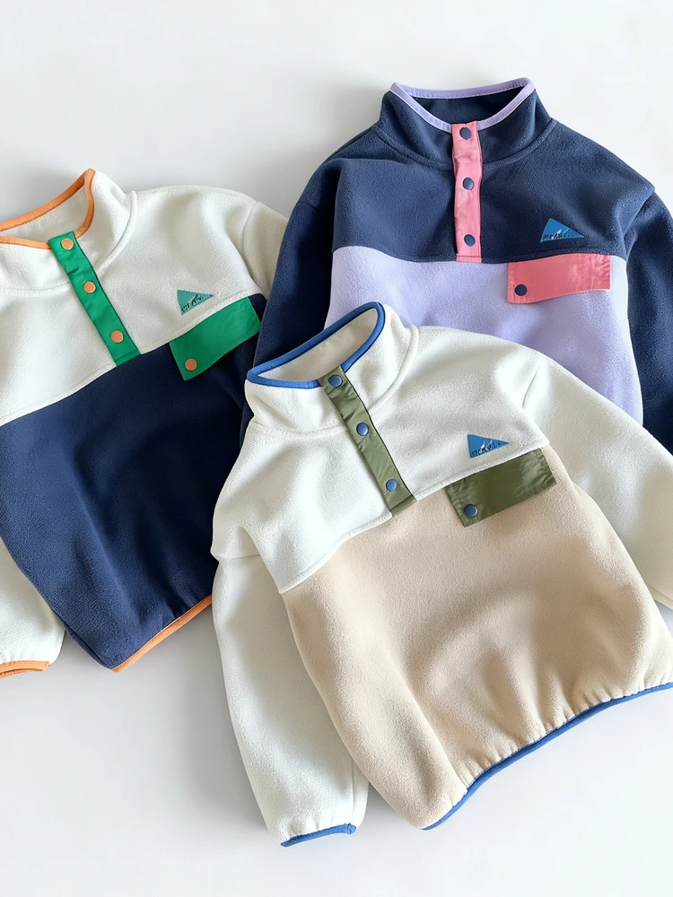 Retro Color Block Kids Pullover Half Open-Front Fleece Outdoor Jacket And Pants Set Boys Girls Warm Breathable Quick Dry Wind...