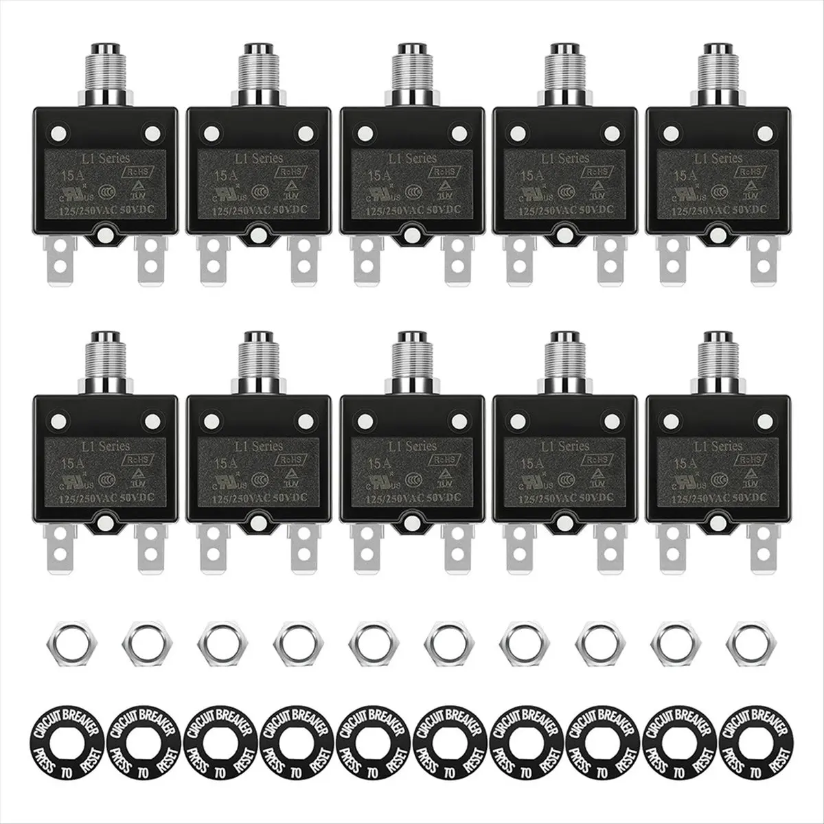 AA77 NEW  15 Amp Breaker Electric Button Breaker 125/250V AC 50v DC Thermal Circuit L1 Series with Manual Reset Button L1-15A
