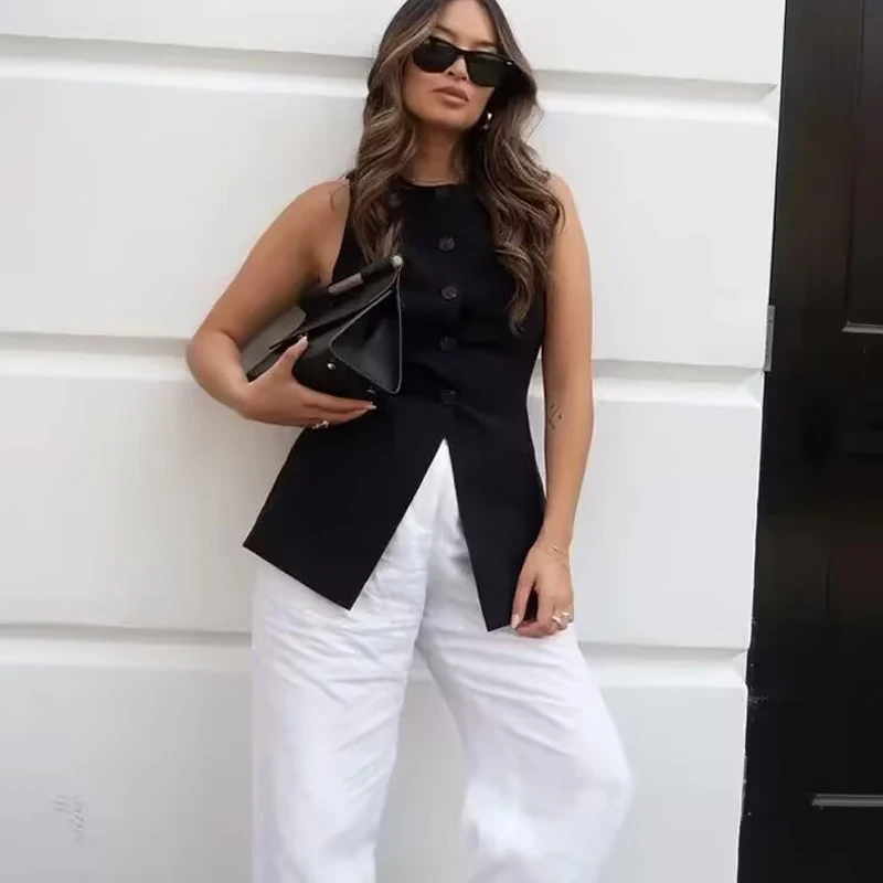 Biała kamizelka Kobieta Biuro Dama Bez rękawów Okrągły dekolt Casual Solidny garnitur Długie kamizelki Streetwear 2025 Nowe letnie kamizelki zapinane na guziki w kolorze czarnym