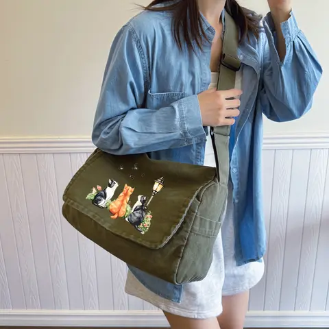 Kattälskares tygväska Vintage damaxelväska Flera fickor Axelväska för datorer Bokväska Pendling 8 best sales tygväska för laptop - №5