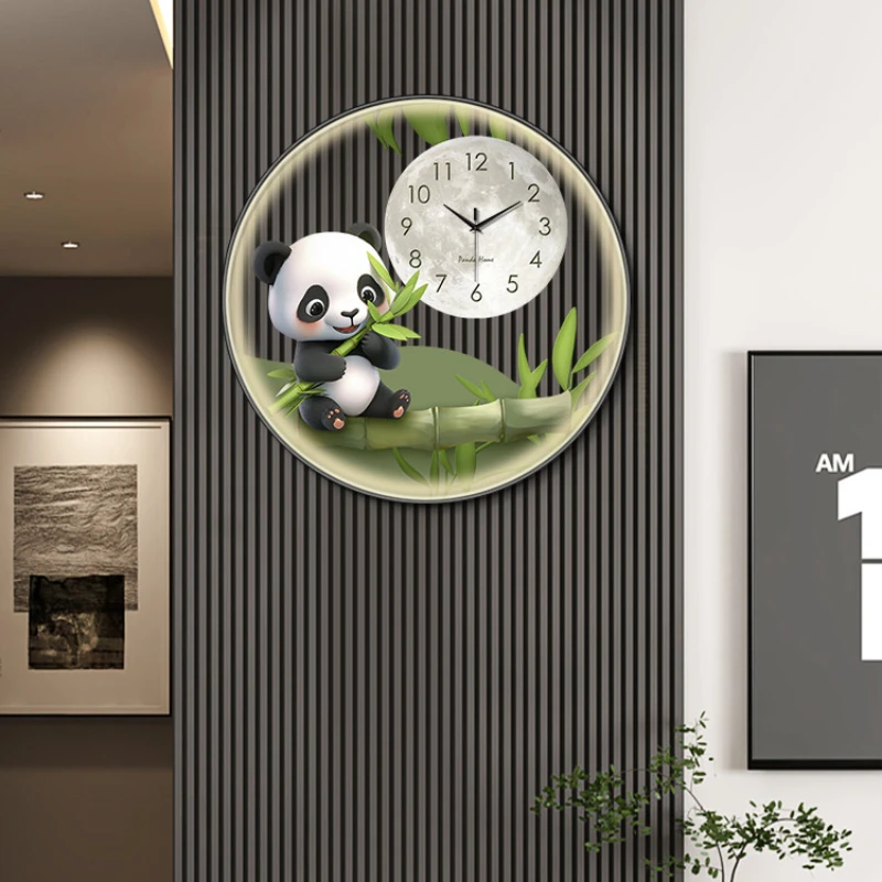 Circular transparent panda wall clock living room dining room decorative painting Creative LED wall light hanging wall clock