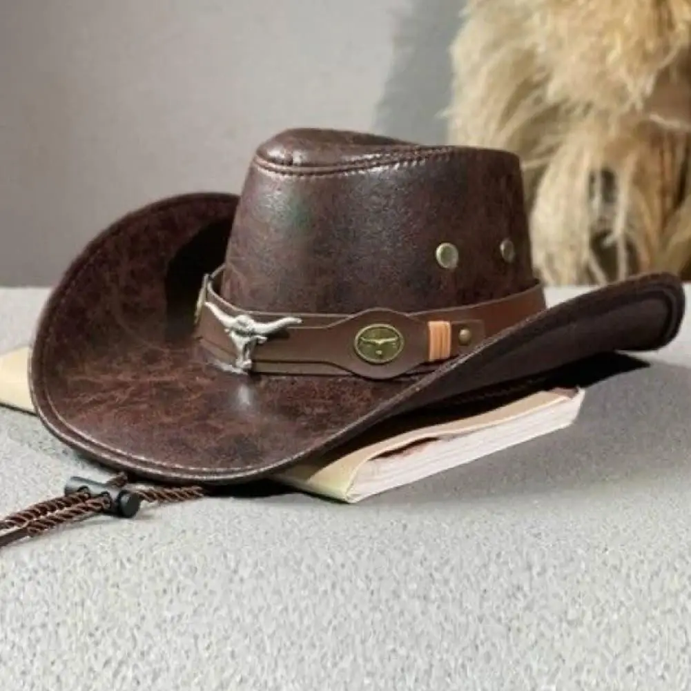 Unisex Vintage Faux Leather Western Cowboy Hat Outdoor Gentleman Cowgirl Jazz Cap Y2K Outdoor Travel Wide Brim Cowgirl Sun Cap