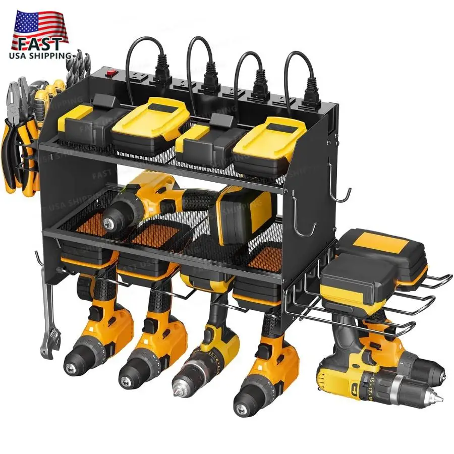 CCCEI Modular Power Tool Organizer Wall Mount Charging Station Black 6 Drills Holder with 8 Plug Power Strip Garage Drill Batte